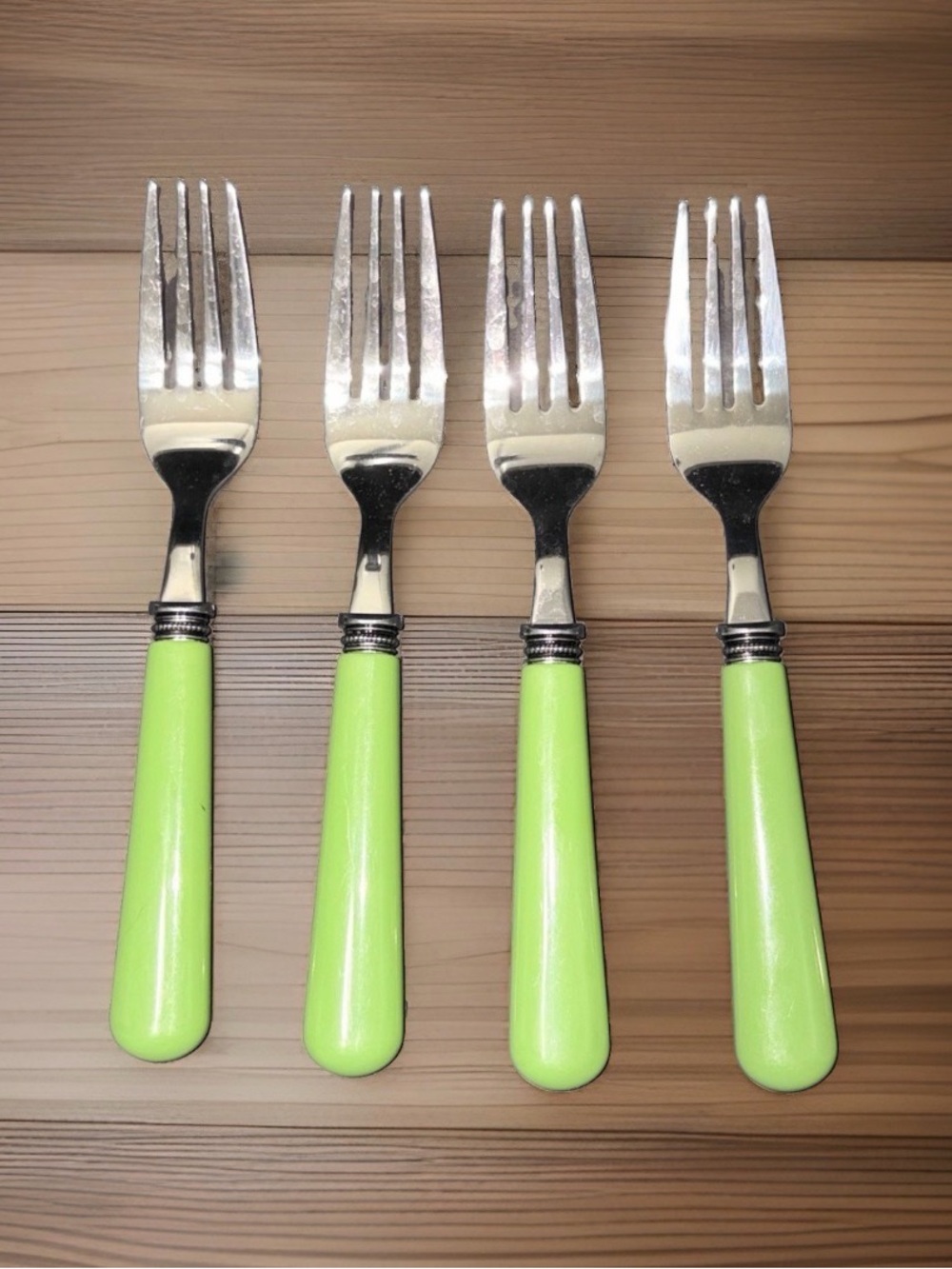 Set/4 Light Green Resin Handle Stainless Steel Salad Forks Beaded Bolster 6.75"